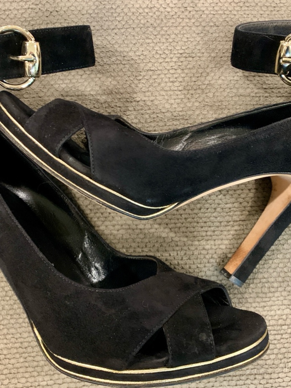 Gucci Black Suede Peep-Toe Ankle-Strap Heels with Gold Trim